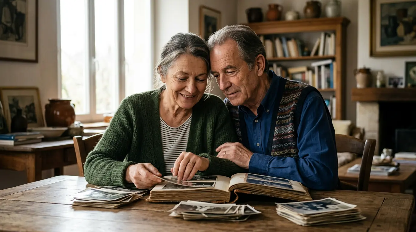 Couple regardant un album de famille