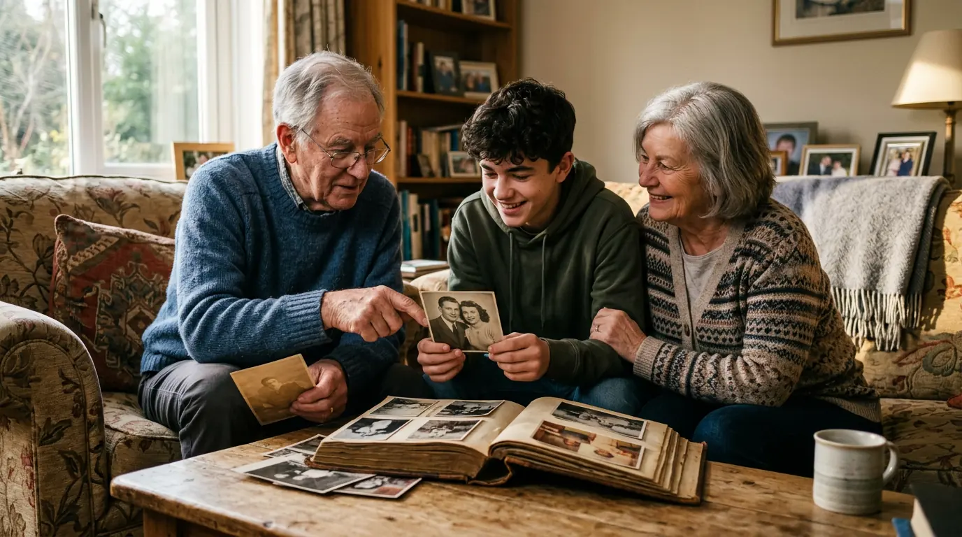 Grands-parents partageant des photos avec un petit-fils