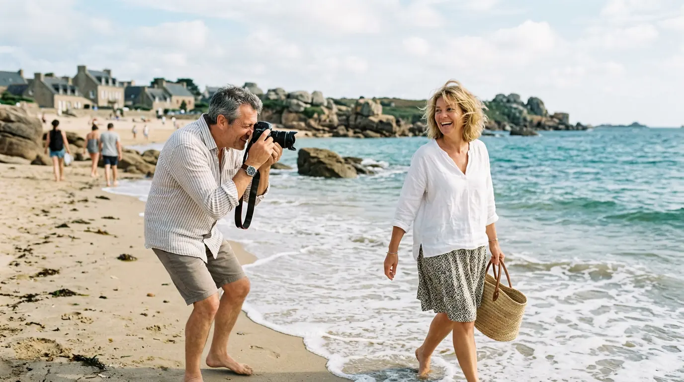 Un mari photographie sa femme sur une plage